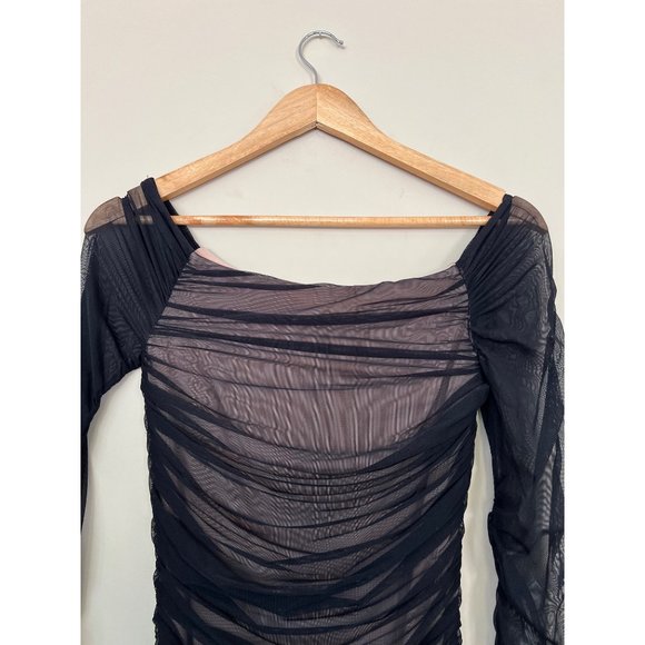 BEBE Mini Dress Womens XS Black Off Shoulder Ruched Bodycon Cocktail Sexy - Picture 2 of 11